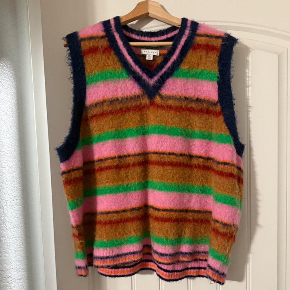 TOPSHOP Ultra-Fluffy Knitted V-Neck Tank – Multi Stripe – Size 12